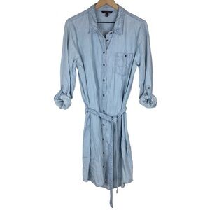BANANA REPUBLIC Chambray Shirt Dress Light Wash Tie Waist Roll Tab Plus Size 14